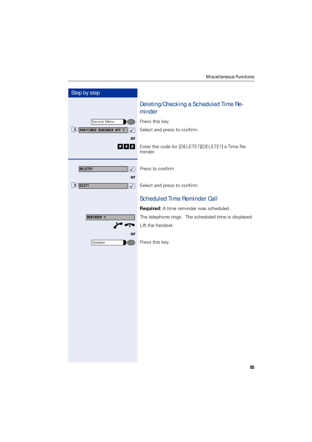 Siemens 1190 user manual Deleting/Checking a Scheduled Time Re- minder, Scheduled Time Reminder Call 