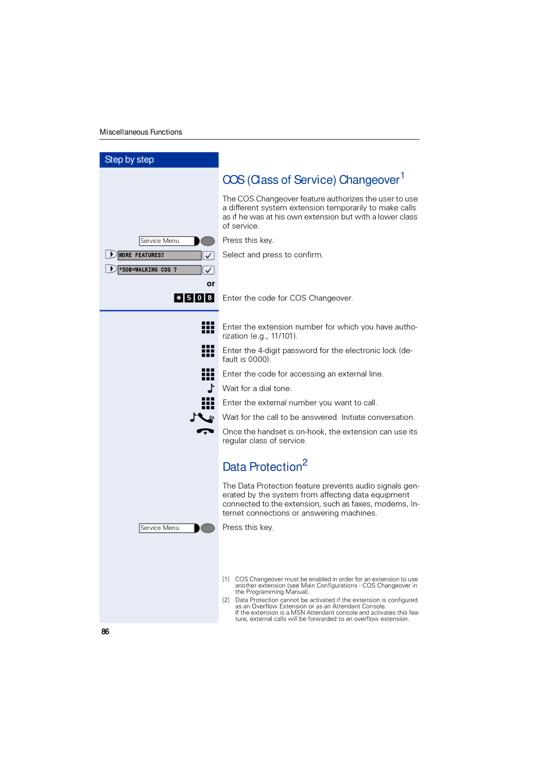 Siemens 1190 user manual COS Class of Service Changeover1, Data Protection2 