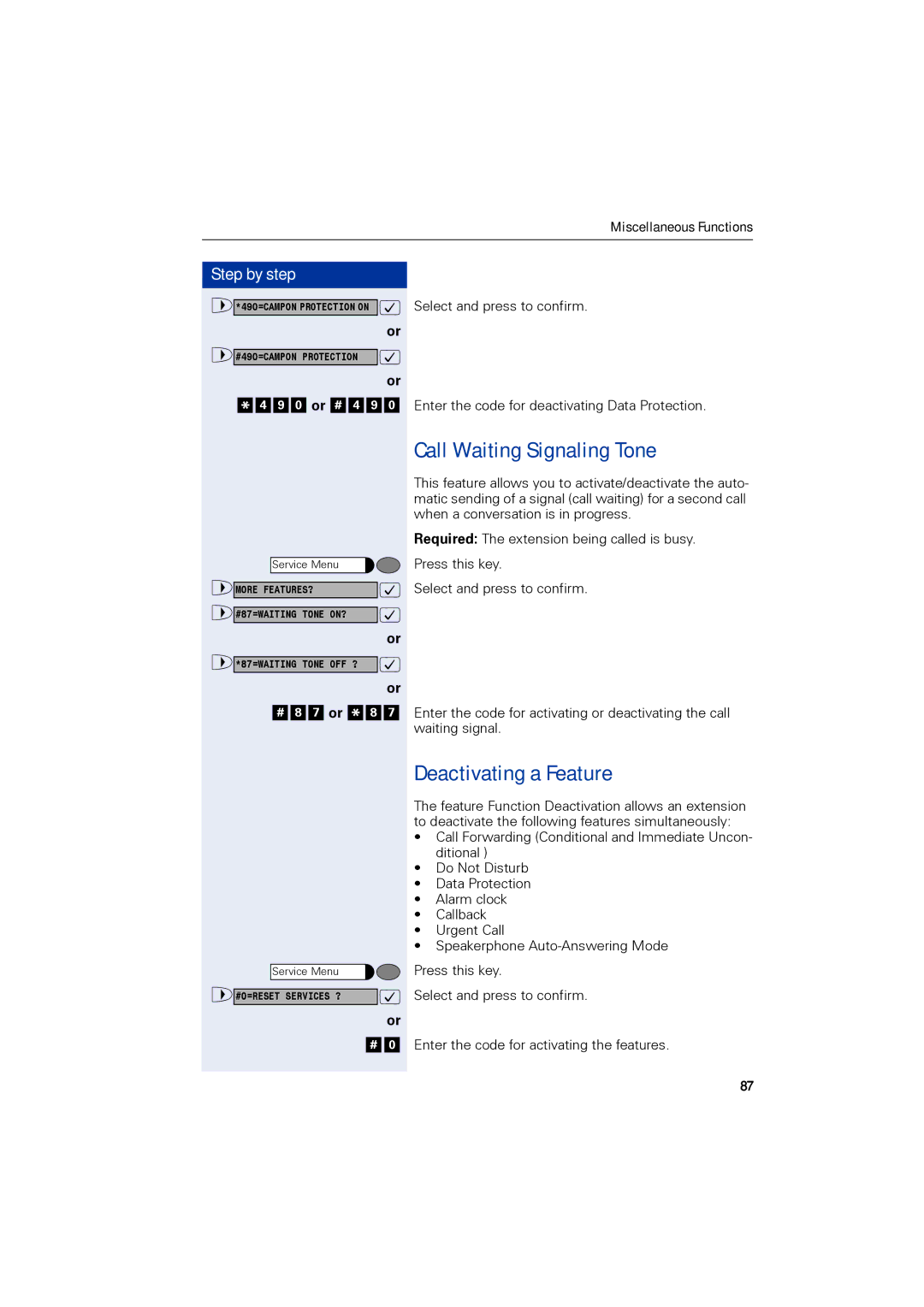 Siemens 1190 user manual Call Waiting Signaling Tone, Deactivating a Feature 