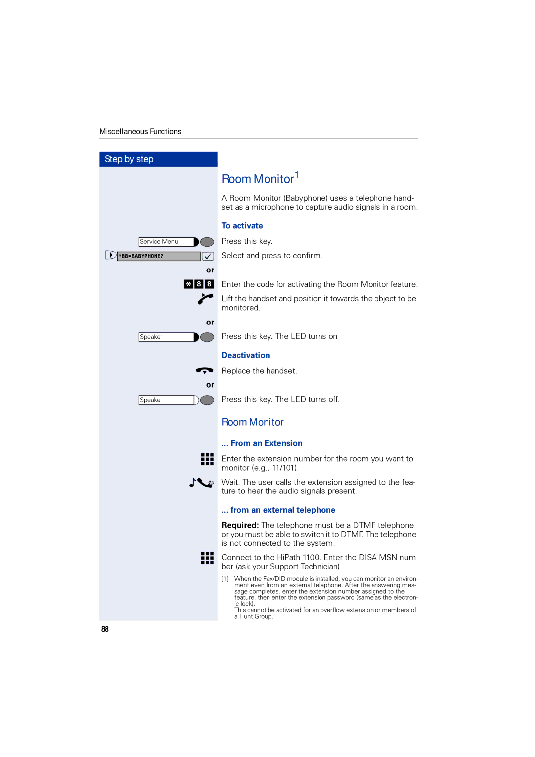 Siemens 1190 user manual Room Monitor1, To activate, From an Extension 