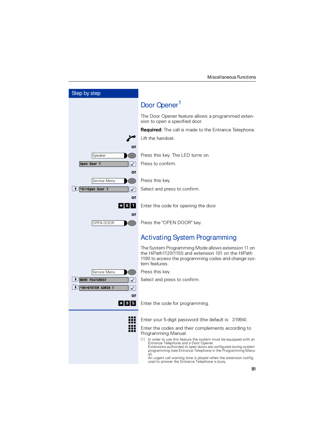 Siemens 1190 user manual Door Opener1, Activating System Programming 