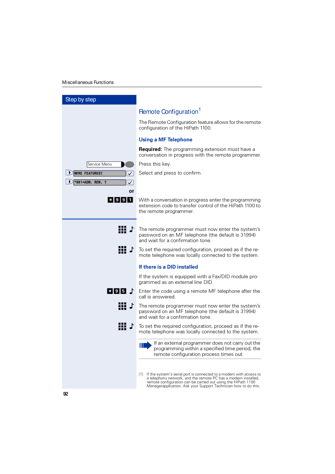 Siemens 1190 user manual Remote Configuration1, Using a MF Telephone, If there is a did installed 