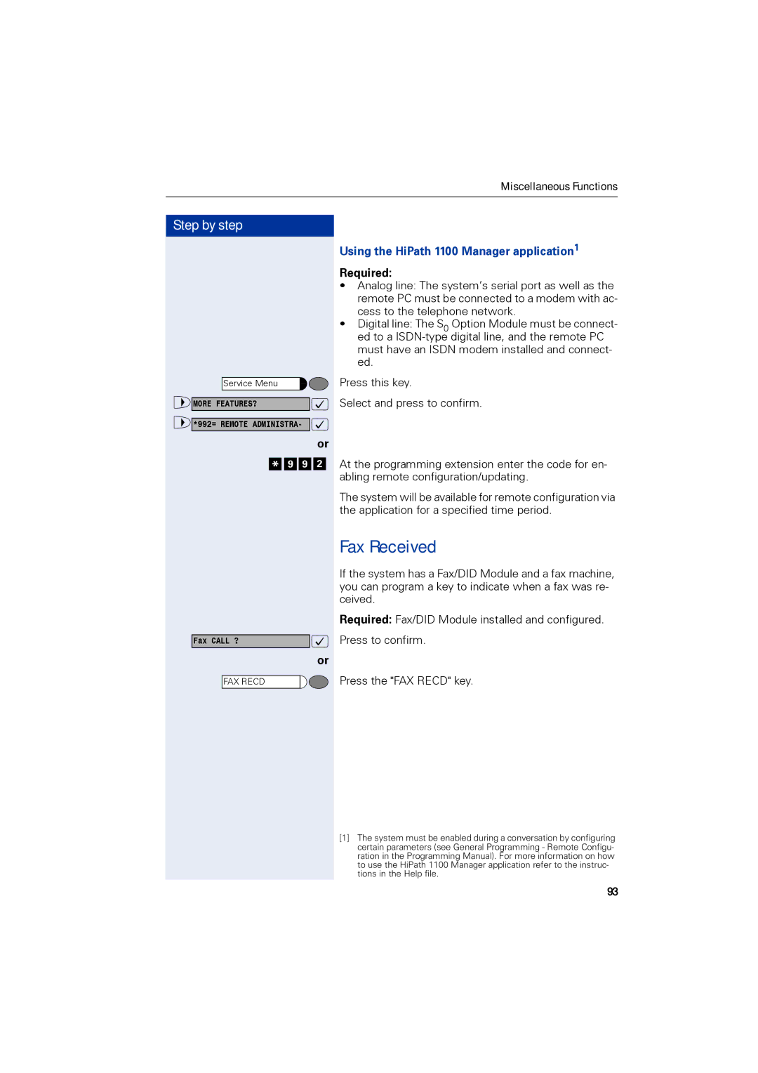 Siemens 1190 user manual Fax Received, Using the HiPath 1100 Manager application1 Required 