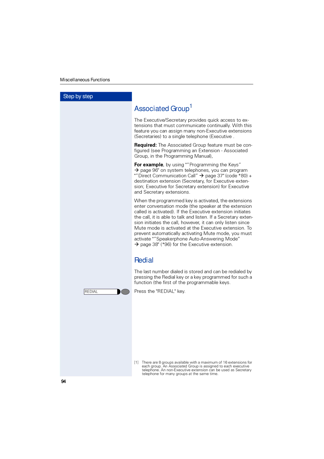 Siemens 1190 user manual Associated Group1, Redial 