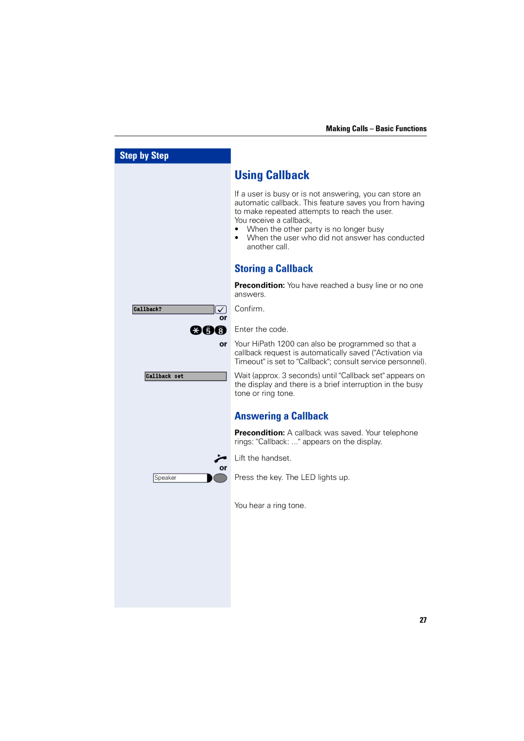 Siemens 1200 manual Using Callback, Storing a Callback, Answering a Callback 