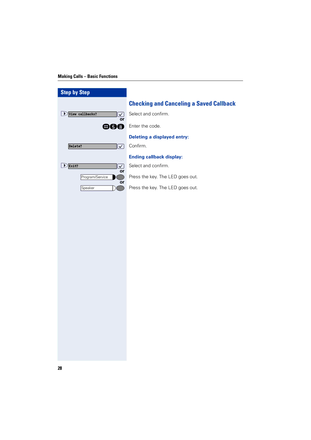 Siemens 1200 manual Checking and Canceling a Saved Callback, Deleting a displayed entry, Ending callback display 