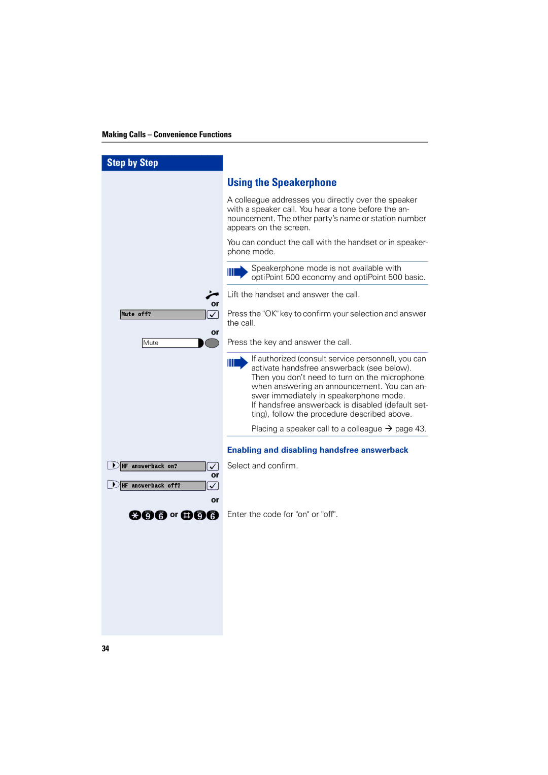 Siemens 1200 manual Using the Speakerphone, Enabling and disabling handsfree answerback 