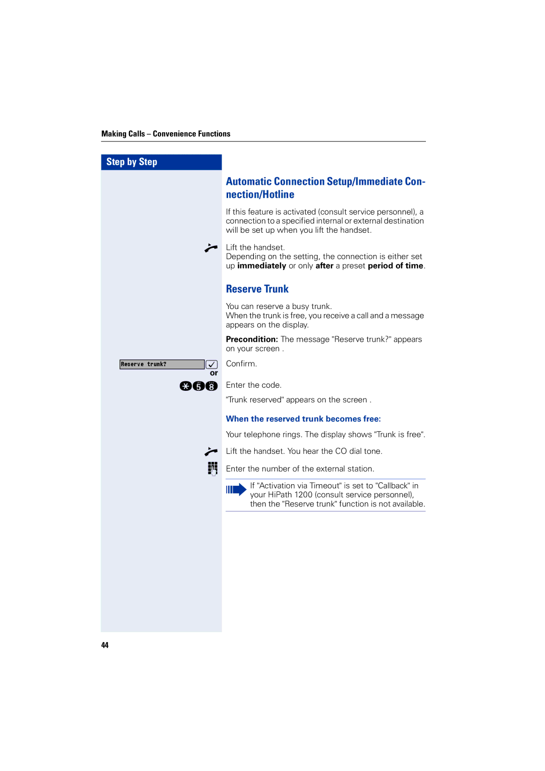 Siemens 1200 manual Automatic Connection Setup/Immediate Con- nection/Hotline, Reserve Trunk 