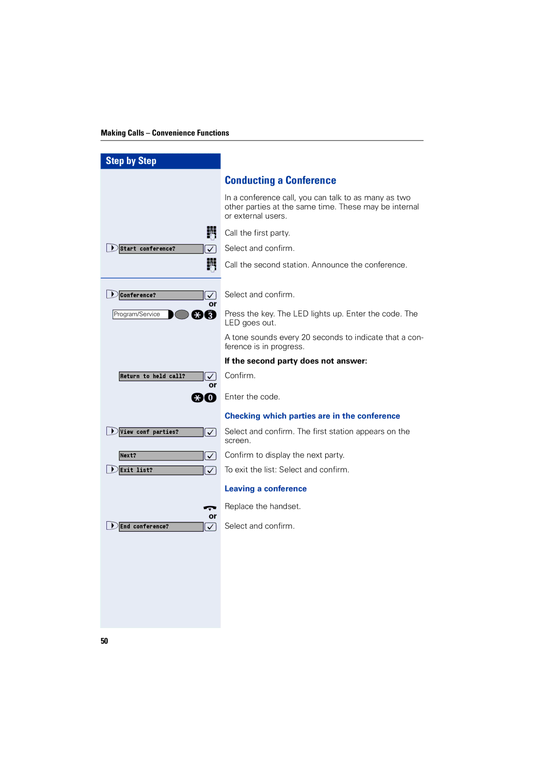 Siemens 1200 Conducting a Conference, If the second party does not answer, Checking which parties are in the conference 