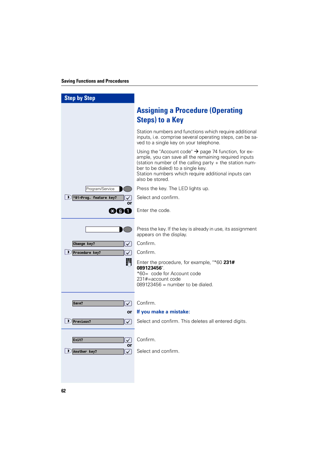 Siemens 1200 manual Assigning a Procedure Operating Steps to a Key, If you make a mistake 