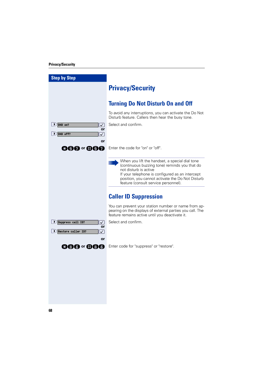 Siemens 1200 manual Privacy/Security, Turning Do Not Disturb On and Off, Caller ID Suppression 