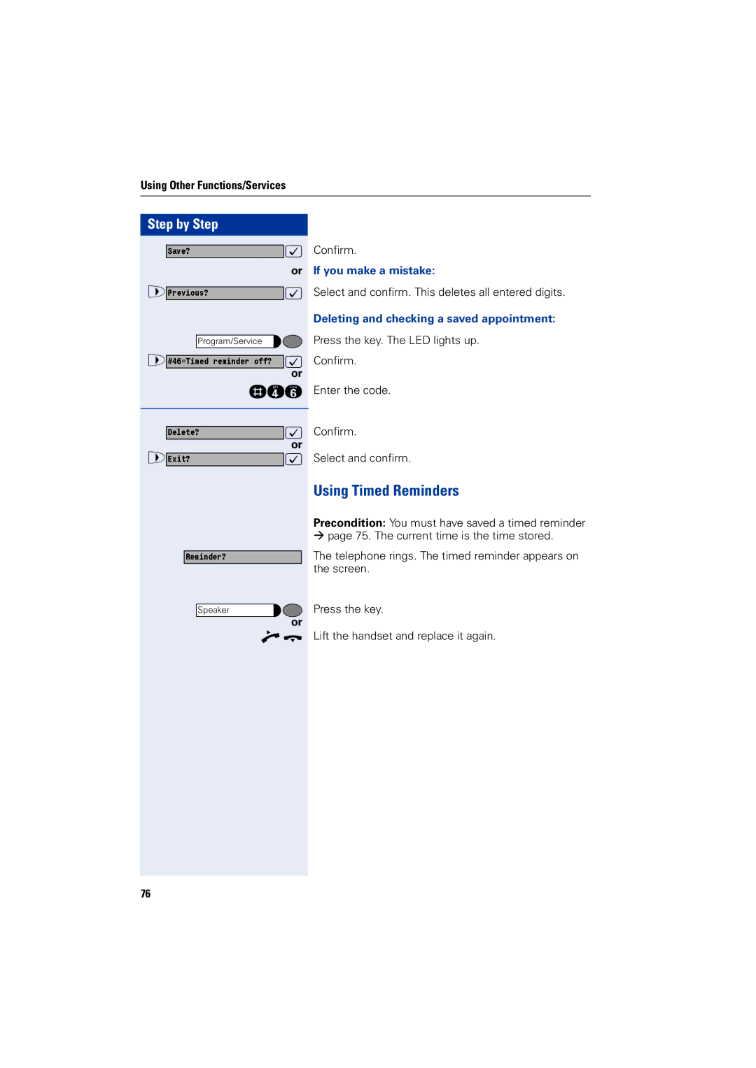 Siemens 1200 manual Using Timed Reminders, Or If you make a mistake, Deleting and checking a saved appointment 