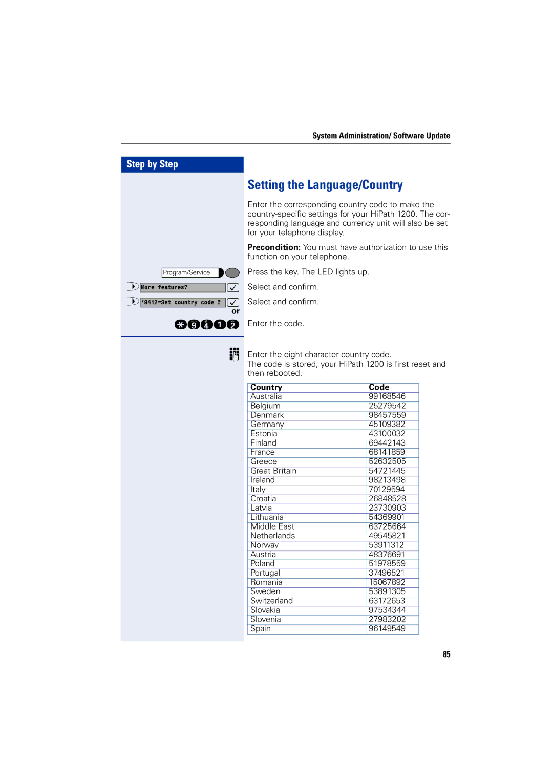 Siemens 1200 manual Setting the Language/Country, Country Code 