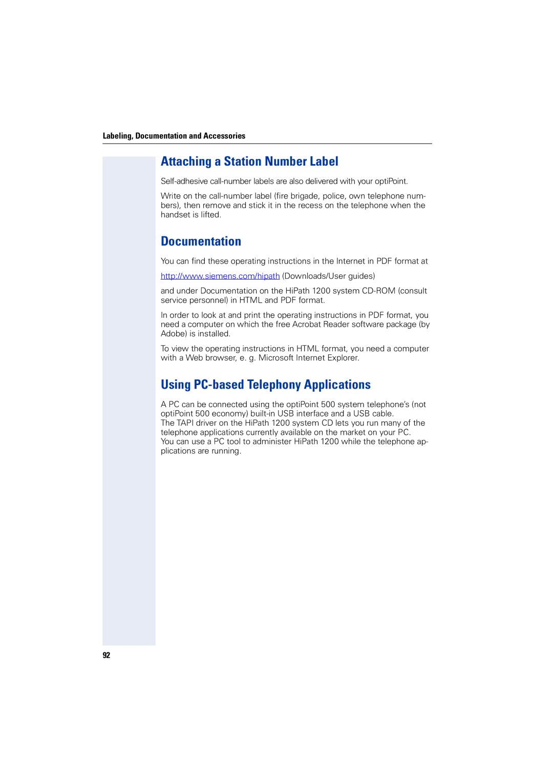 Siemens 1200 manual Attaching a Station Number Label, Documentation, Using PC-based Telephony Applications 