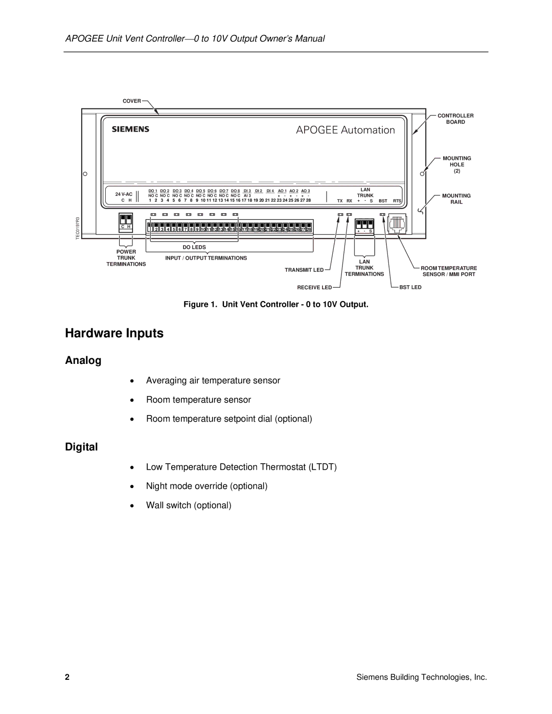 Siemens 125-1957 owner manual Hardware Inputs, Analog, Digital 