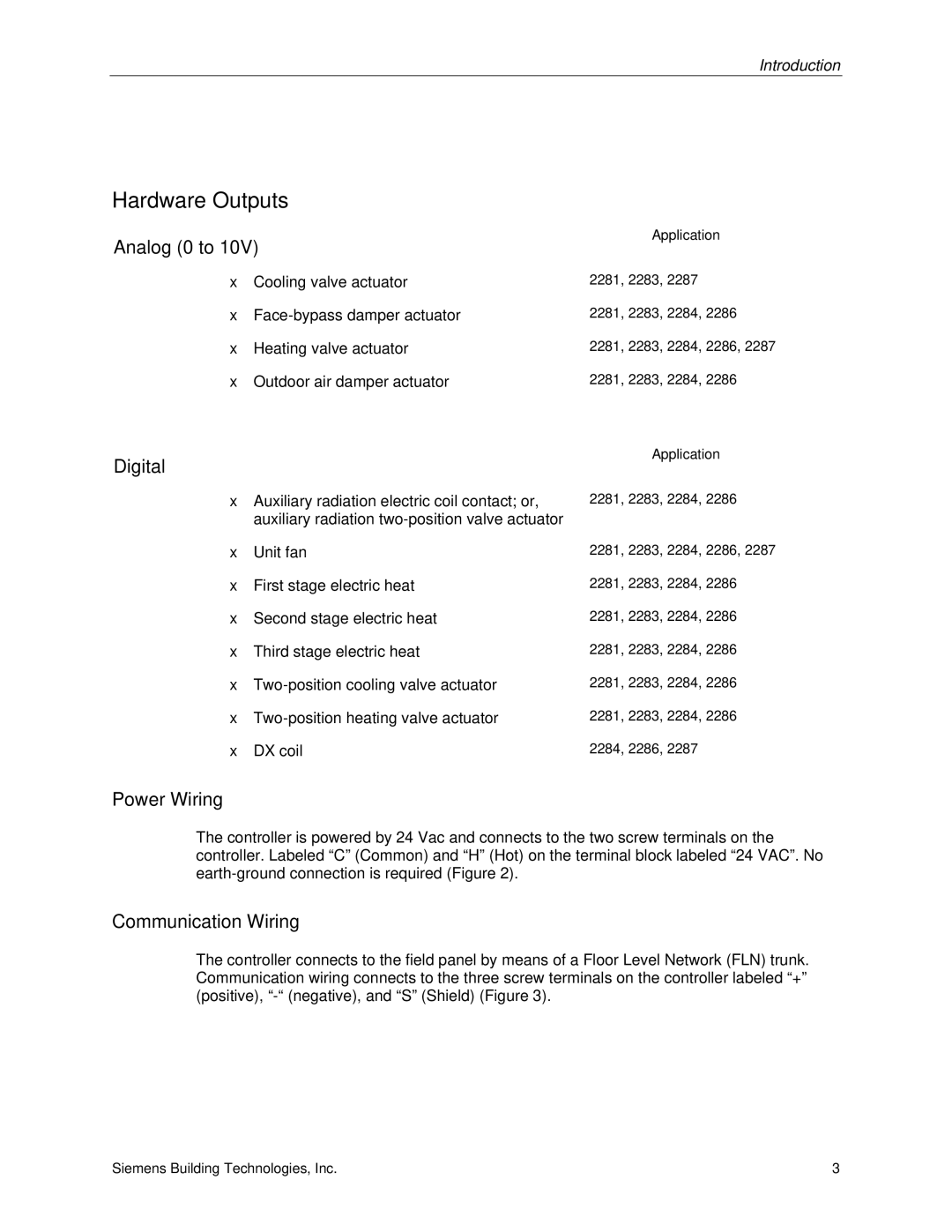 Siemens 125-1957 owner manual Hardware Outputs, Analog 0 to, Power Wiring, Communication Wiring 