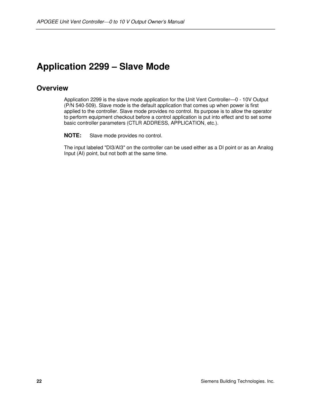 Siemens 125-1957 owner manual Application 2299 Slave Mode 