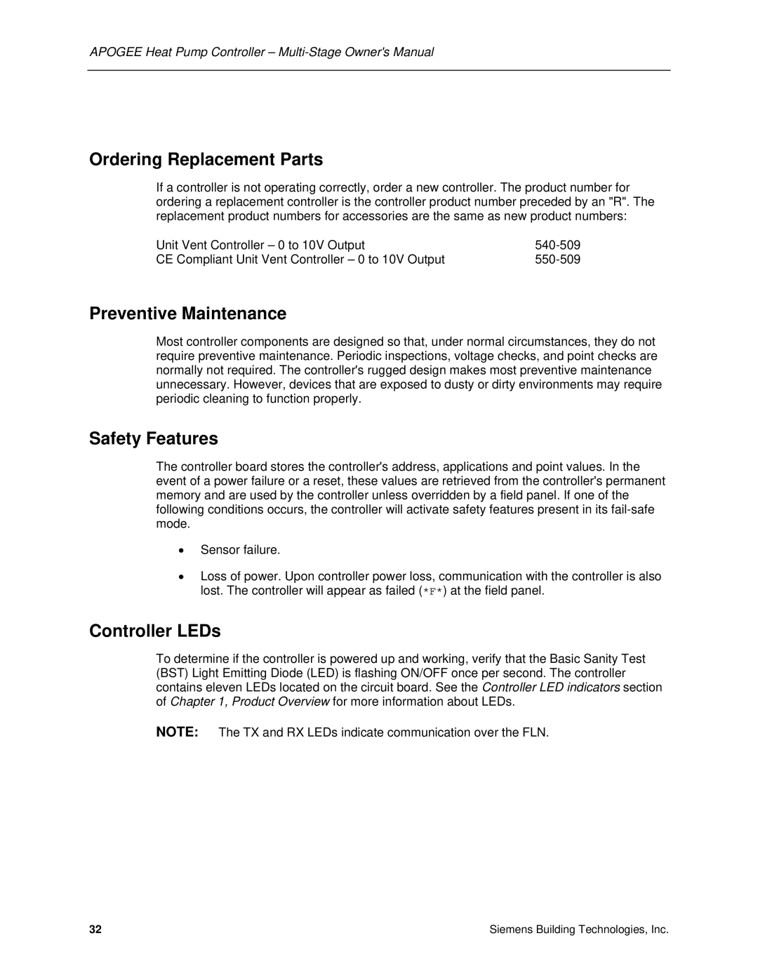 Siemens 125-1957 owner manual Ordering Replacement Parts, Preventive Maintenance, Safety Features, Controller LEDs 