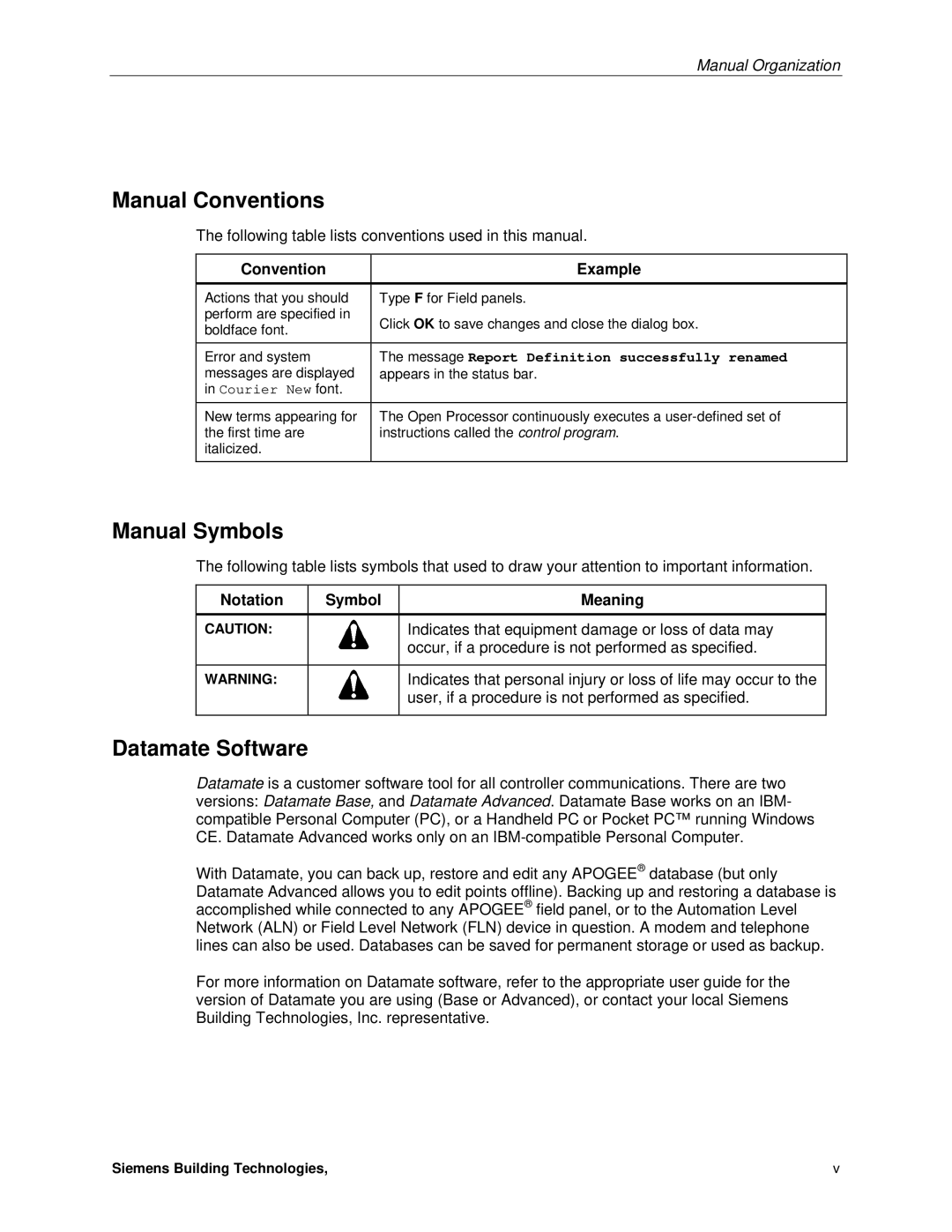 Siemens 125-1957 Manual Conventions, Manual Symbols, Datamate Software, Convention Example, Notation Symbol Meaning 