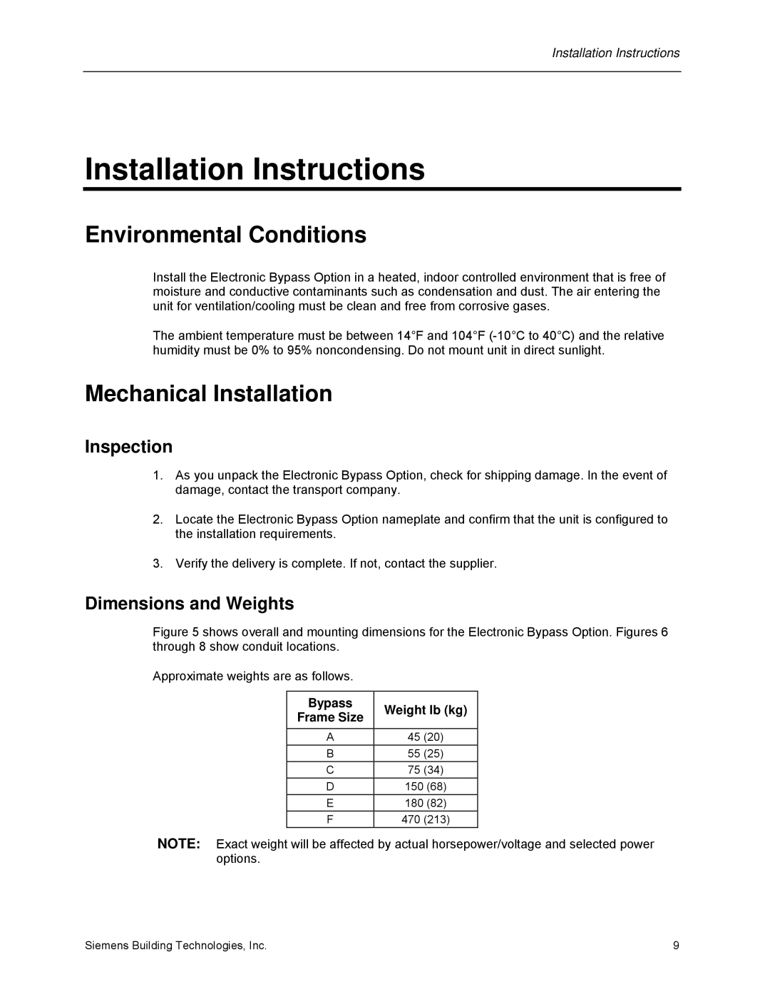 Siemens 125-3208 Installation Instructions, Environmental Conditions, Mechanical Installation, Inspection 