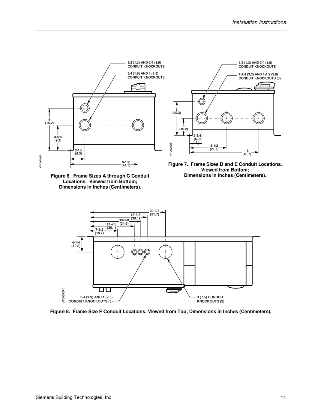 Siemens 125-3208 operating instructions Frame Sizes D and E Conduit Locations Viewed from Bottom 