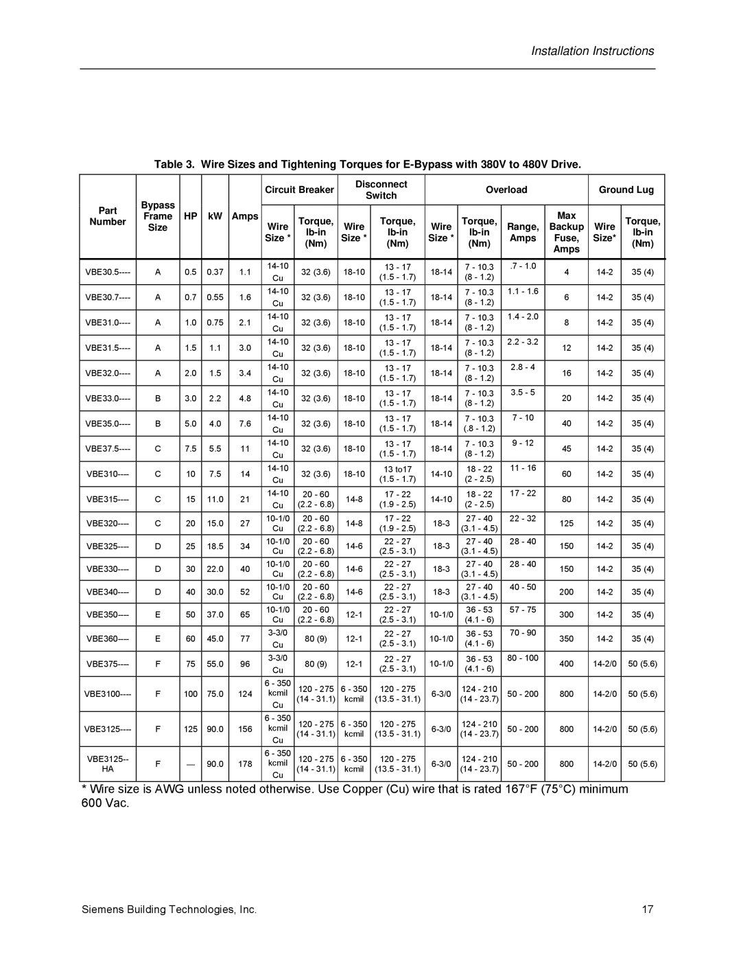 Siemens 125-3208 operating instructions Wire 