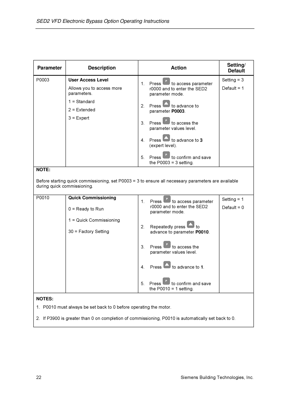 Siemens 125-3208 Parameter Description Action Setting Default, User Access Level, Quick Commissioning 