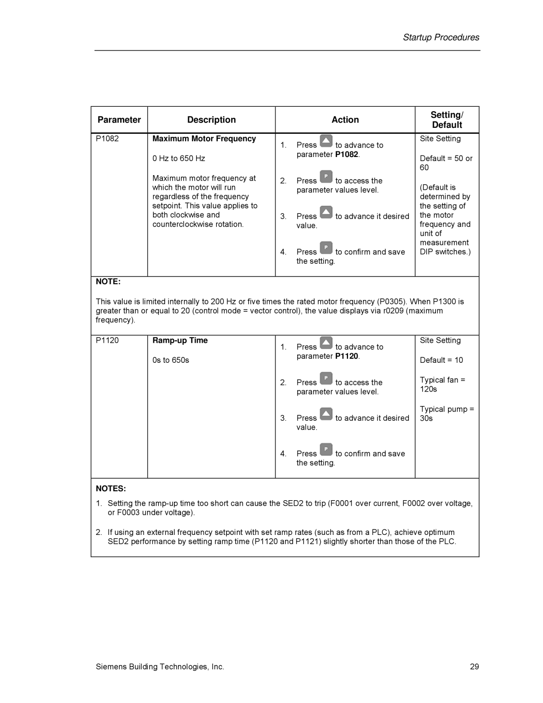 Siemens 125-3208 operating instructions Maximum Motor Frequency, Ramp-up Time 