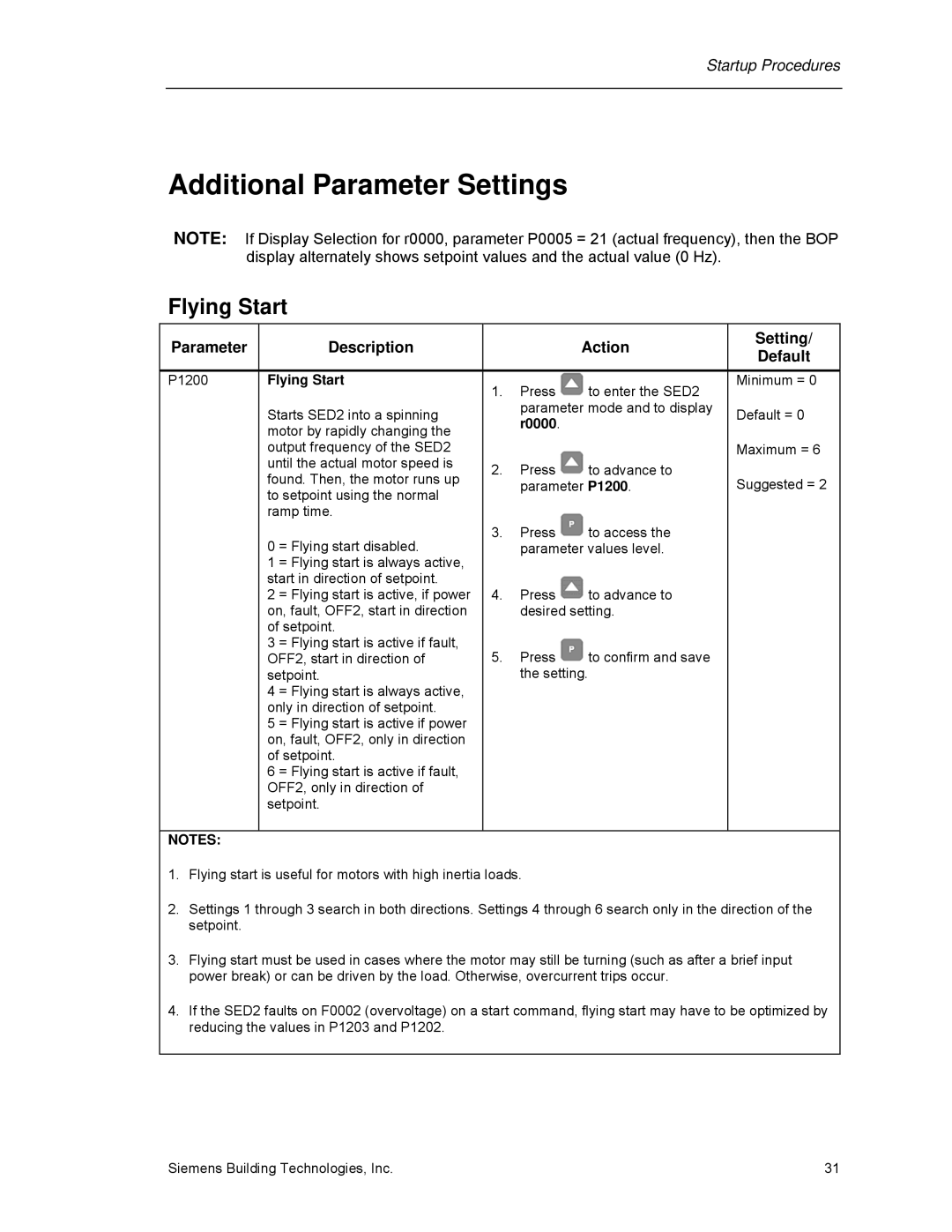 Siemens 125-3208 operating instructions Additional Parameter Settings, Flying Start, R0000 