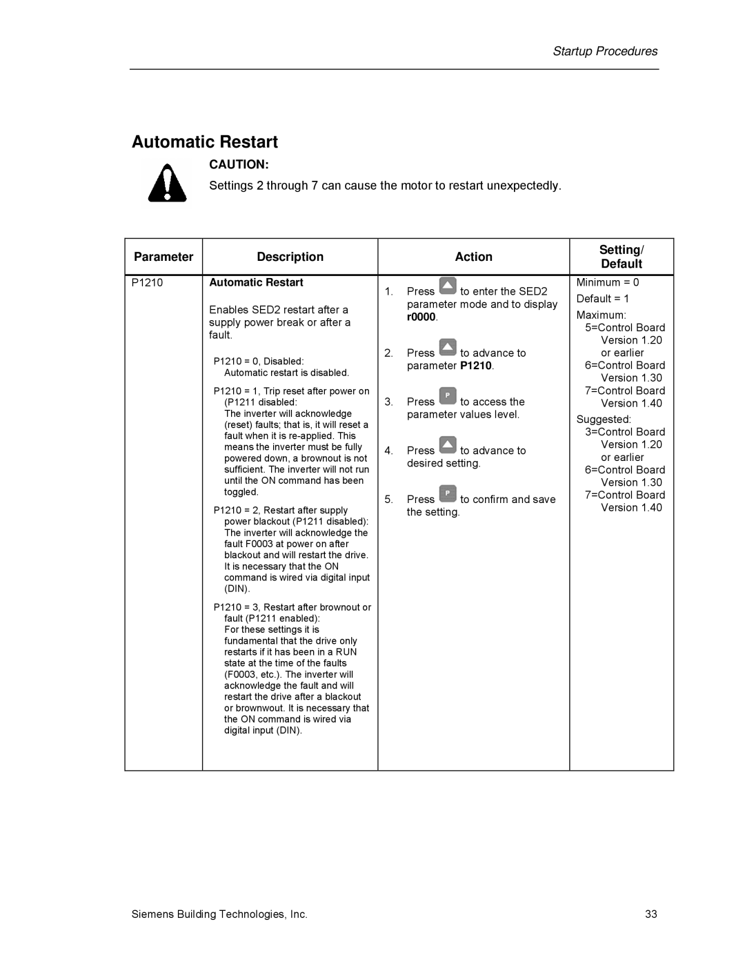 Siemens 125-3208 operating instructions Automatic Restart 