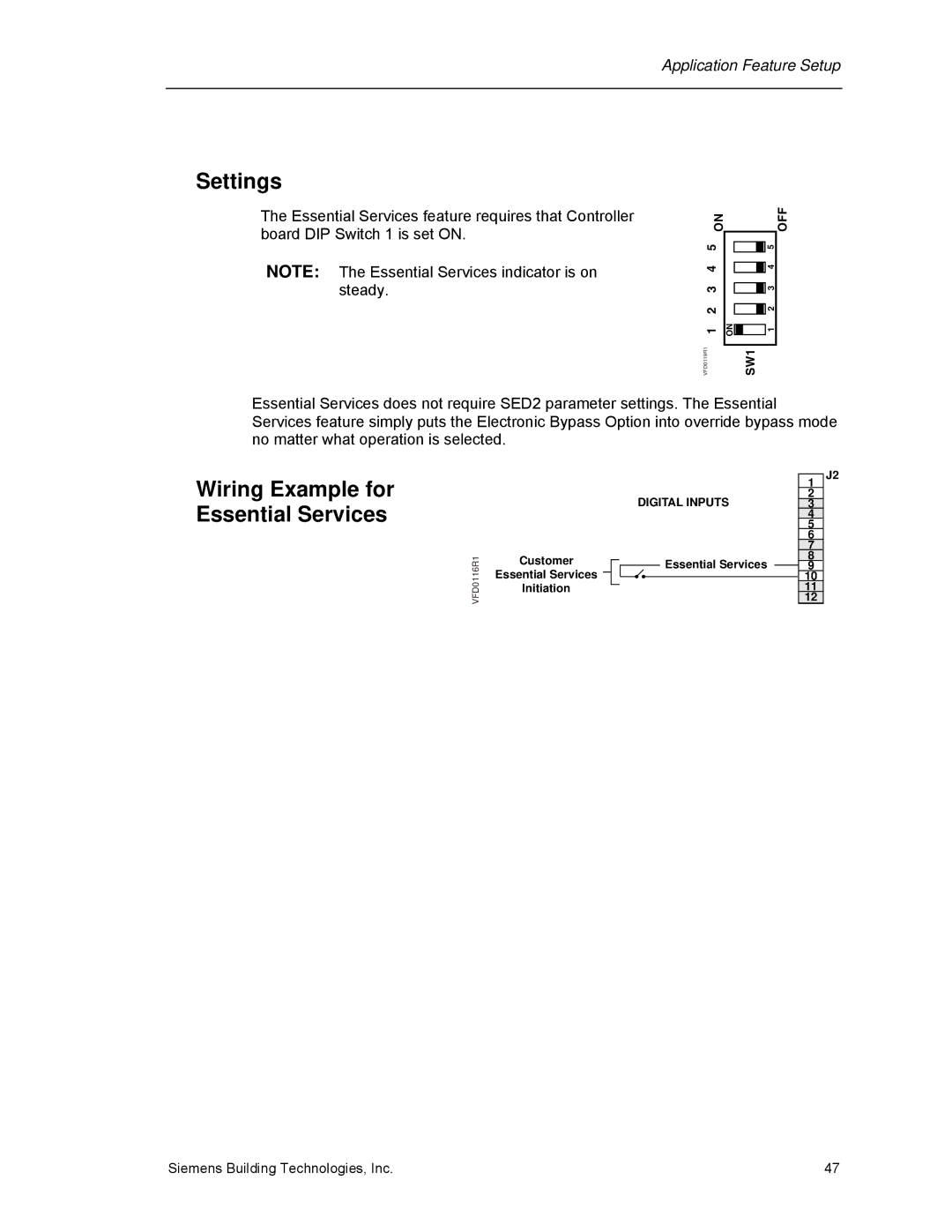 Siemens 125-3208 operating instructions Settings, Wiring Example for Essential Services 