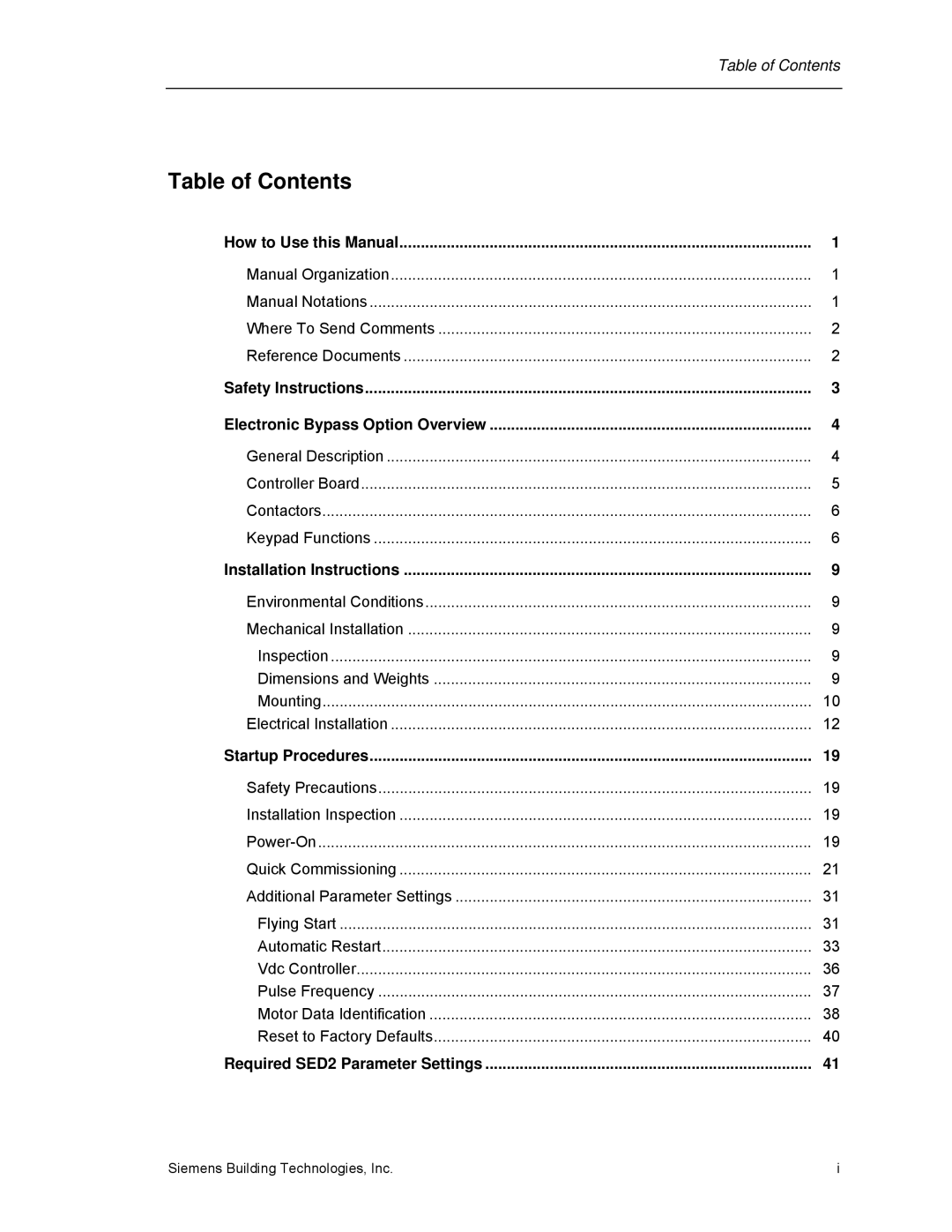 Siemens 125-3208 operating instructions Table of Contents 