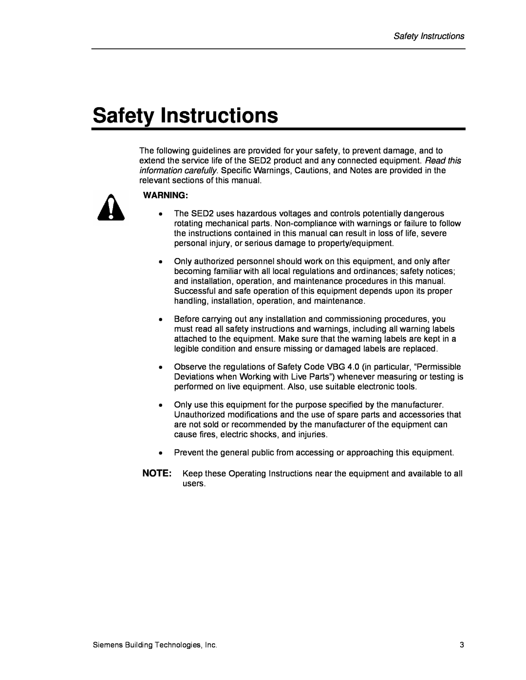 Siemens 125-3208 operating instructions Safety Instructions 
