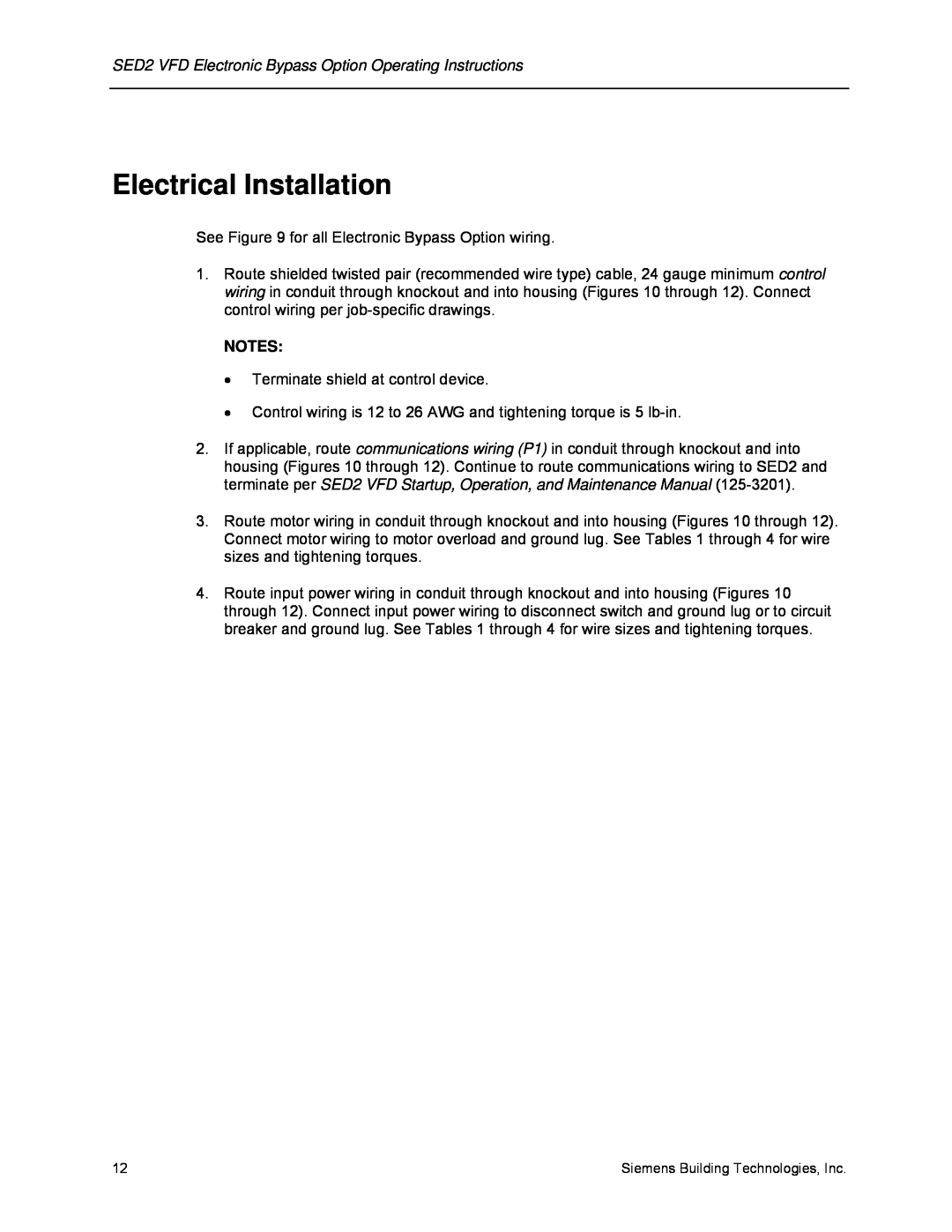 Siemens 125-3208 operating instructions Electrical Installation 