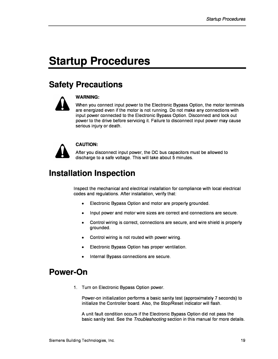 Siemens 125-3208 operating instructions Startup Procedures, Safety Precautions, Installation Inspection, Power-On 