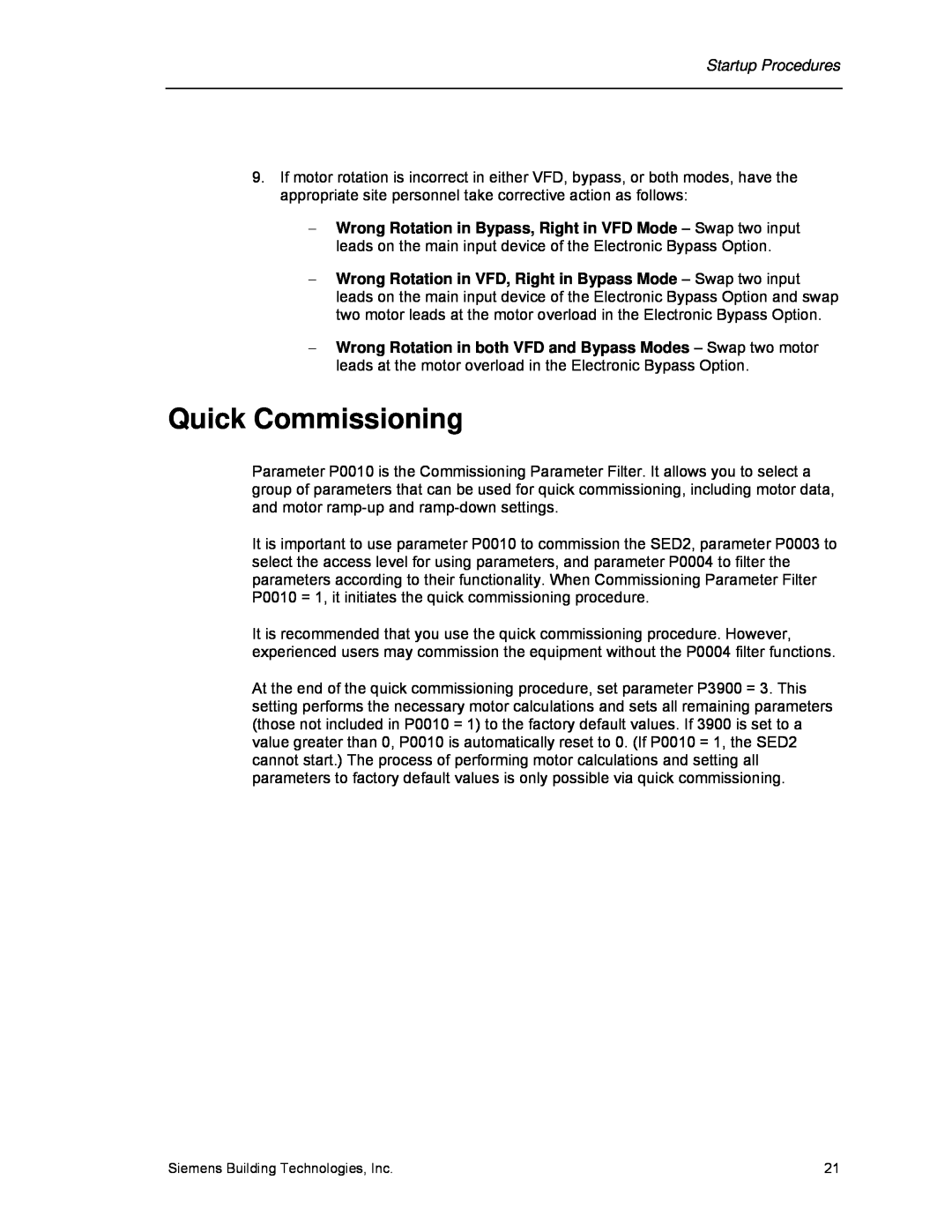 Siemens 125-3208 operating instructions Quick Commissioning, Siemens Building Technologies, Inc 