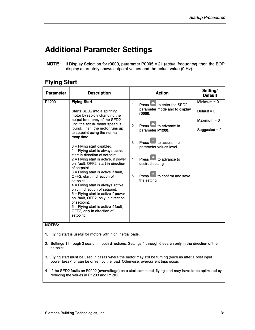 Siemens 125-3208 operating instructions Additional Parameter Settings, Flying Start, r0000 