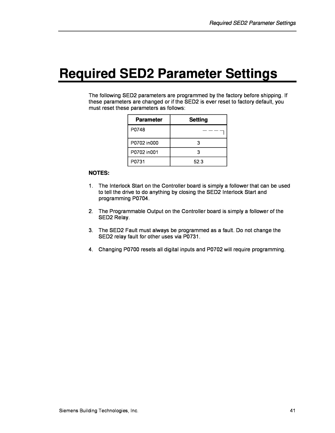 Siemens 125-3208 operating instructions Required SED2 Parameter Settings 