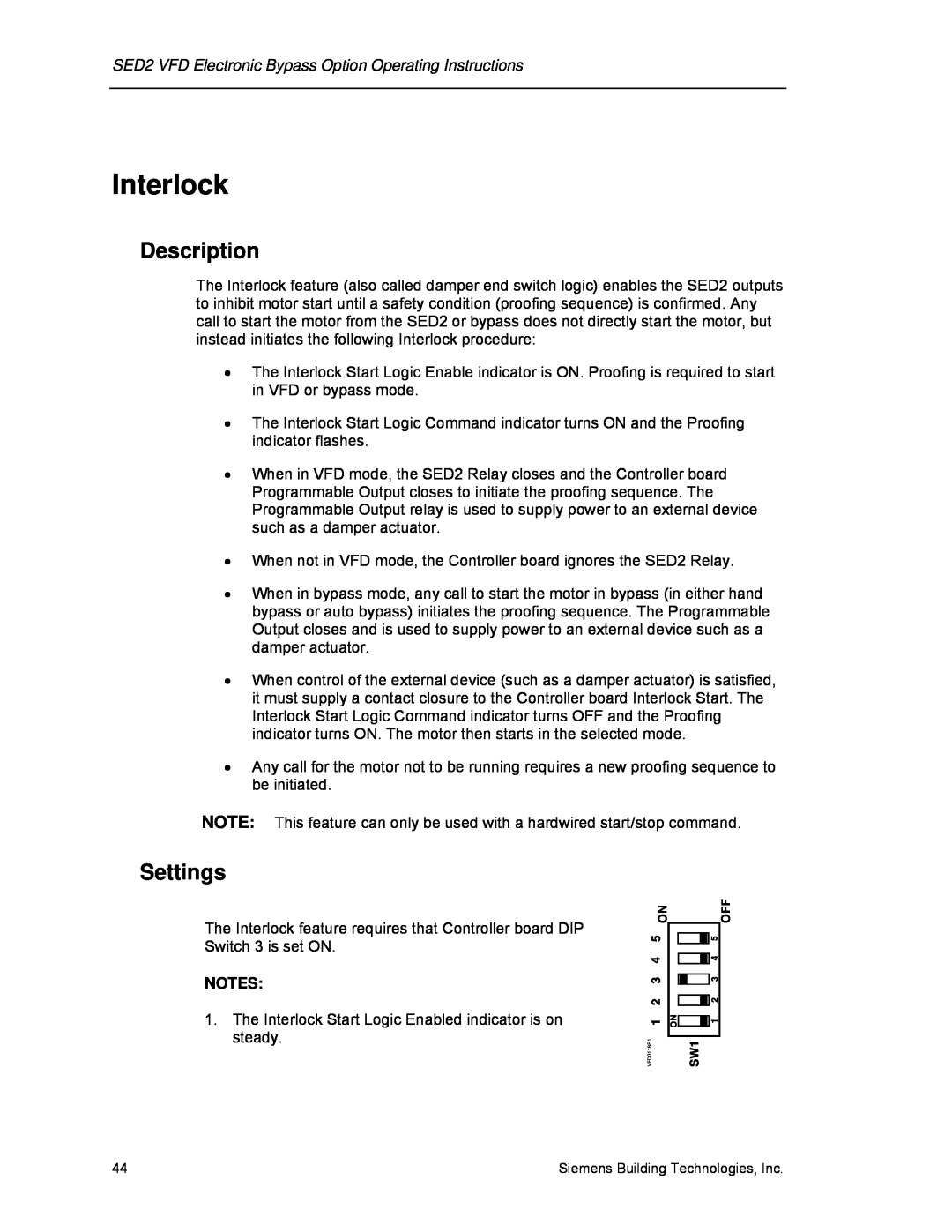 Siemens 125-3208 operating instructions Interlock, Description, Settings, Siemens Building Technologies, Inc 