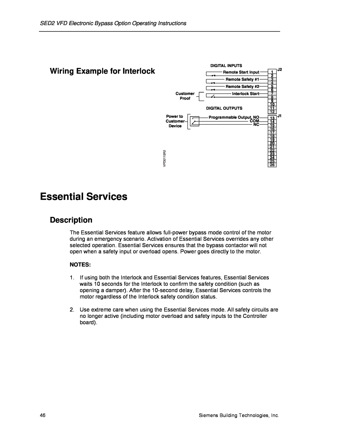 Siemens 125-3208 operating instructions Essential Services, Wiring Example for Interlock, Description 