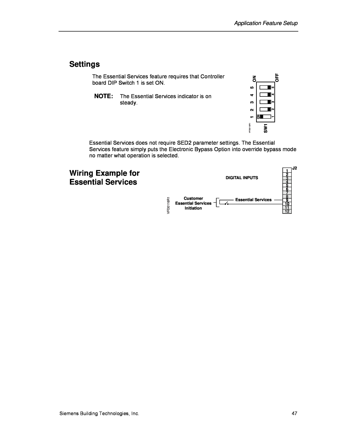 Siemens 125-3208 operating instructions Wiring Example for Essential Services, Settings, Siemens Building Technologies, Inc 
