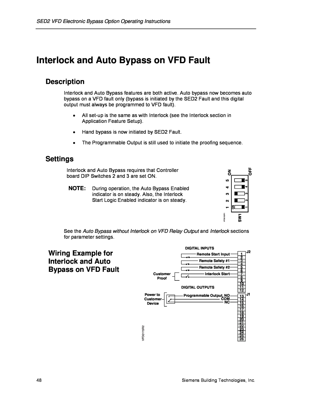 Siemens 125-3208 operating instructions Interlock and Auto Bypass on VFD Fault, Description, Settings 