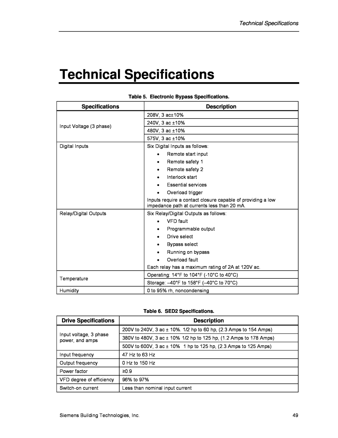 Siemens 125-3208 Technical Specifications, Description, Drive Specifications, Electronic Bypass Specifications 