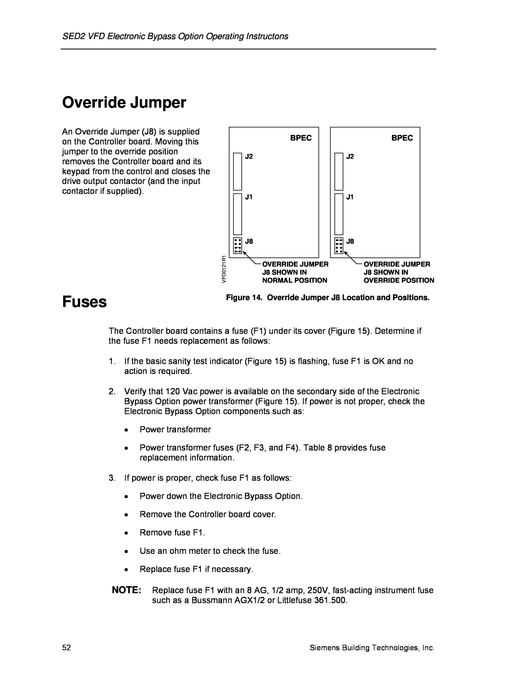 Siemens 125-3208 operating instructions Override Jumper, Fuses 