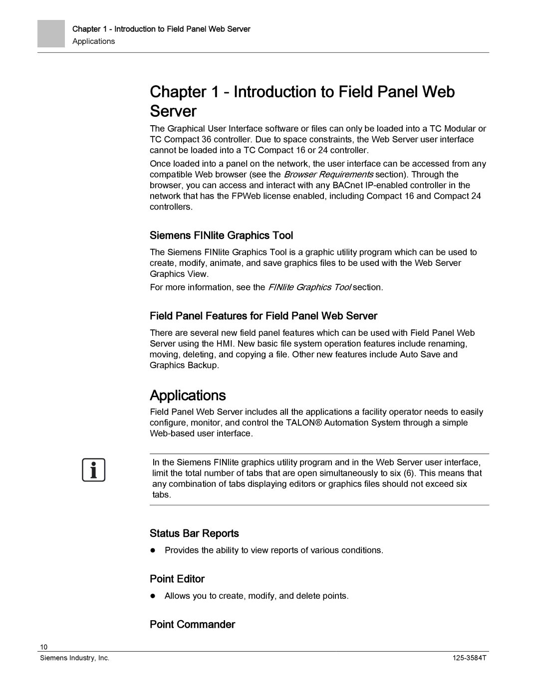 Siemens 125-3584T manual Introduction to Field Panel Web Server, Applications 