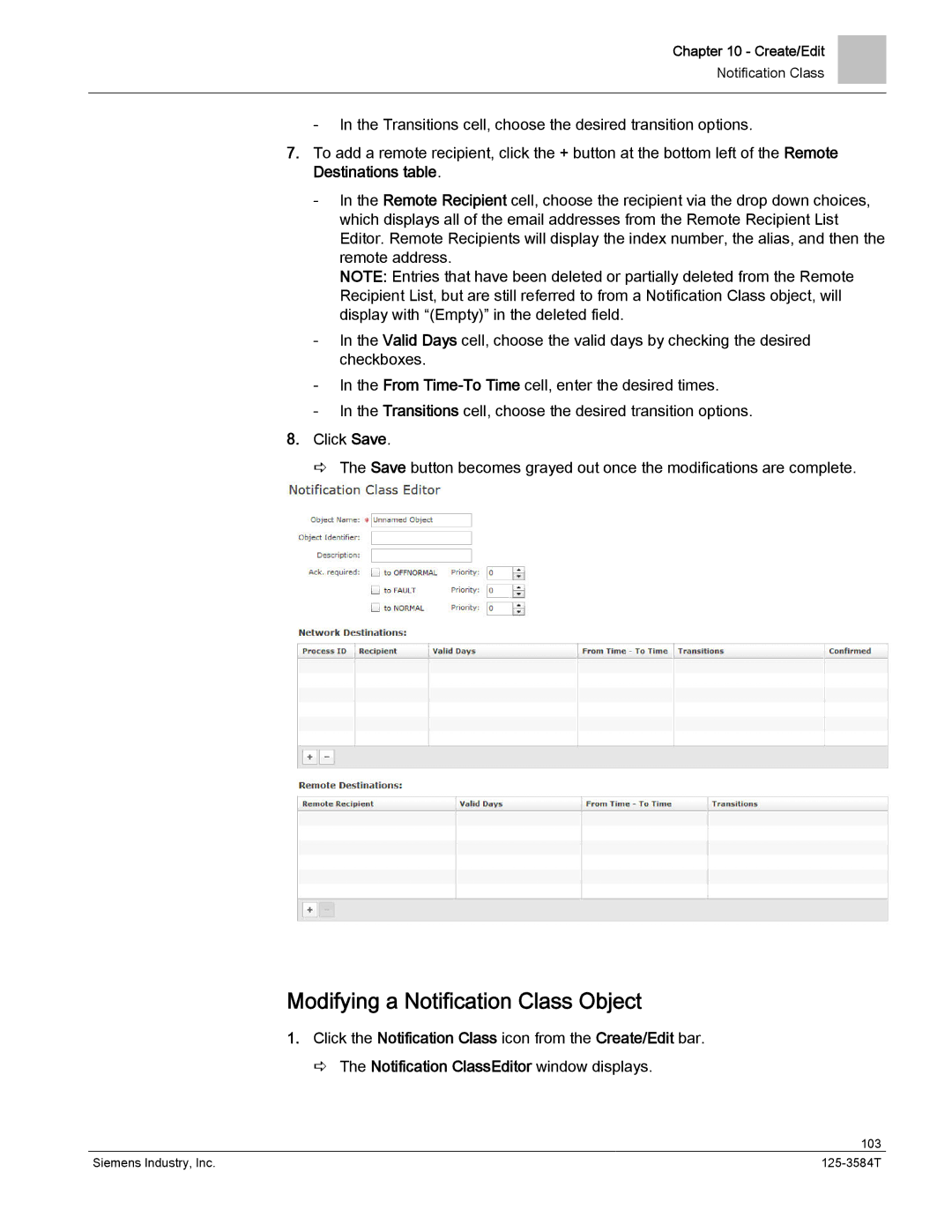 Siemens 125-3584T manual Modifying a Notification Class Object 