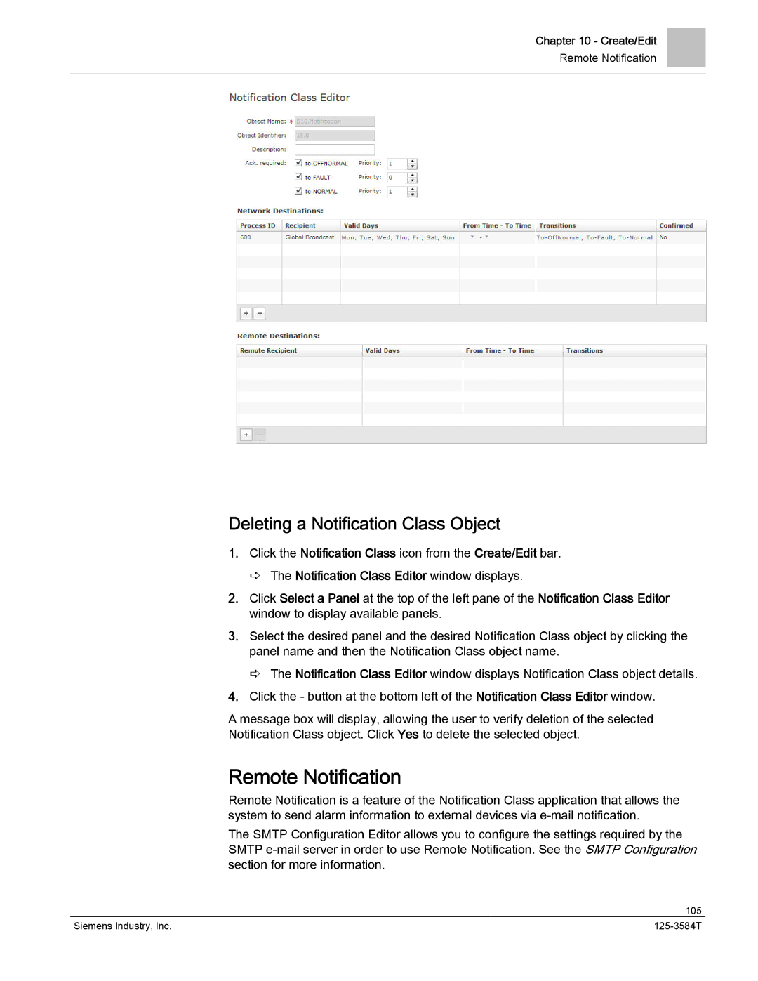 Siemens 125-3584T manual Remote Notification, Deleting a Notification Class Object 