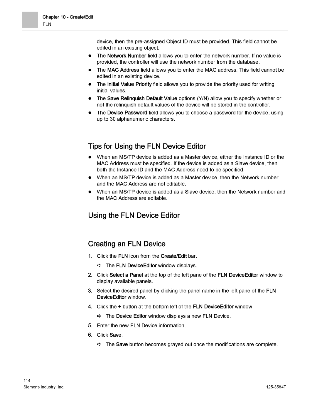 Siemens 125-3584T manual Tips for Using the FLN Device Editor, Using the FLN Device Editor Creating an FLN Device 