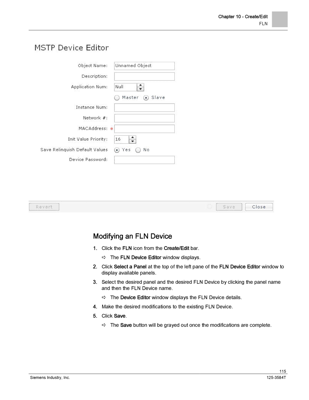 Siemens 125-3584T manual Modifying an FLN Device 