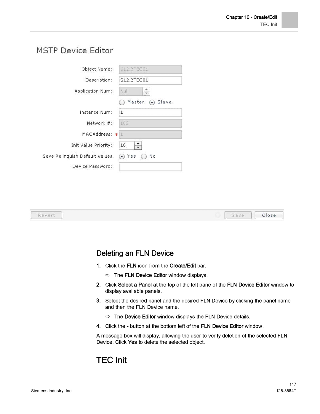 Siemens 125-3584T manual TEC Init, Deleting an FLN Device 